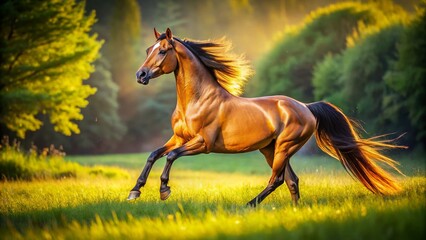 Fototapeta premium Majestic Akhal-Teke Stallion in Slow Motion, Tilt-Shift Paddock Scene