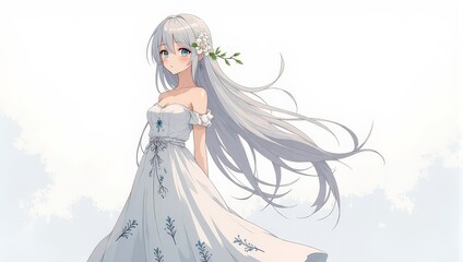 Graceful anime girl, draped in a flowing off-the-shoulder white dress adorned with blue florals. Long gray hair crowned by a delicate flower complements her elegance and youthful charm