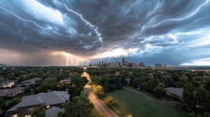 stormy sky with multiple lightning strikes over city skyline