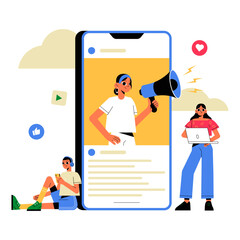 Smartphone With Megaphone And Characters In Flat Vector Illustration Symbolizing Social Media Marketing, Promotion, And Digital Communication, Isolated On White Background