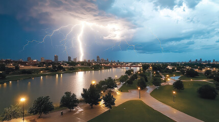 Naklejka premium stormy sky with multiple lightning strikes over city at night