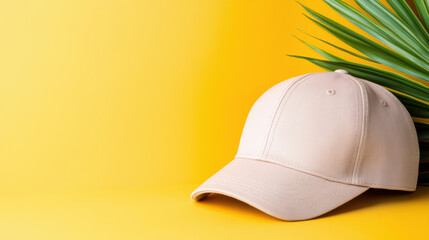Fototapeta premium Stylish cap on vibrant yellow backdrop with tropical leaves
