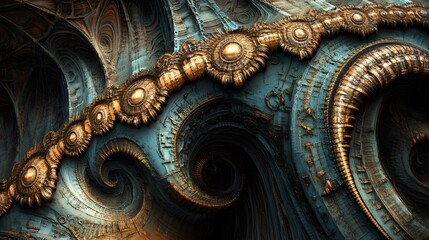 Abstract Teal and Gold Fractal Art  Swirls  Spirals  and Ornate Details