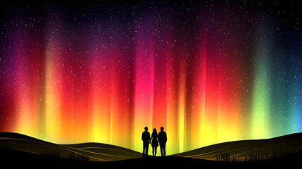 Fototapeta premium Two people standing in front of a colorful aurora borealis in a night sky filled with vibrant colors and natural beauty