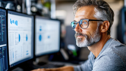 Technician analyzing data on multiple screens in modern workspace