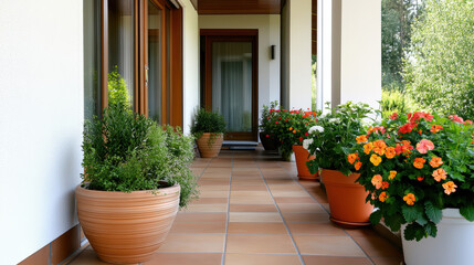 Fototapeta premium sunny terrace adorned with colorful potted flowers creates vibrant atmosphere