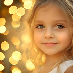 Fototapeta premium Young girl with bright eyes smiling against a backdrop of warm bokeh lights during a festive evening celebration