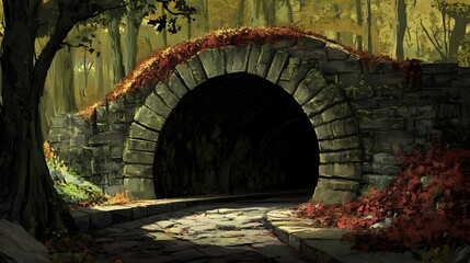 Mystical Forest Tunnel  Stone Archway  Autumn Leaves  Dark Path