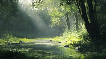 Obraz premium Sunlit Forest Stream Lush Greenery Tranquil Nature Scene