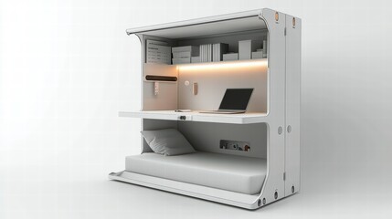 Space-Saving Transformation:  A sleek, minimalist, wall-mounted Murphy bed with a built-in desk transforms a compact space into a functional and modern living area.