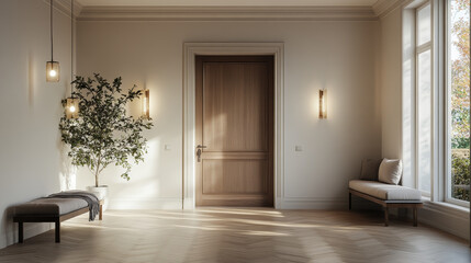 Stylish entryway featuring custom wood door, herringbone flooring, and natural light. serene atmosphere is enhanced by potted plant and elegant wall sconces