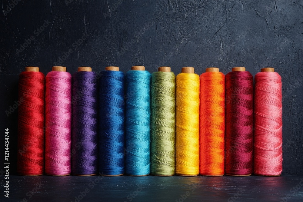 Poster Vivid spools of thread arranged in a colorful spectrum against a dark background in a creative workspace setting