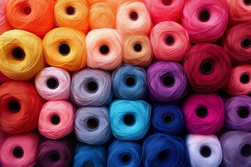 Beautiful arrangement of colorful yarn spools in vibrant shades for crafting and knitting activities