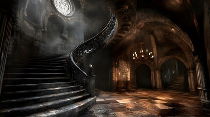 Naklejka premium Dark Spiral Staircase in Old Castle Interior