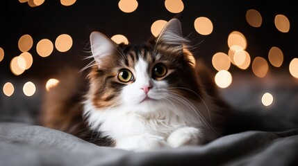 Playful Cat Portrait with Holiday Lights Background