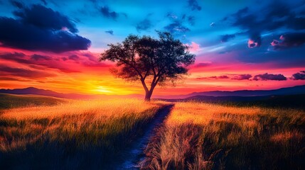 Obraz premium Vibrant Sunset Landscape Tree Path Golden Field