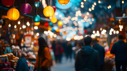 Fototapeta premium Colorful lanterns illuminate a bustling market in the evening, creating a vibrant atmosphere filled with shoppers and colorful decorations