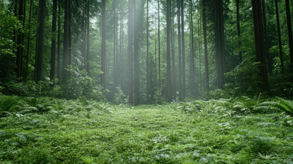 Fototapeta premium serene forest with tall trees and lush greenery, illuminated by soft light