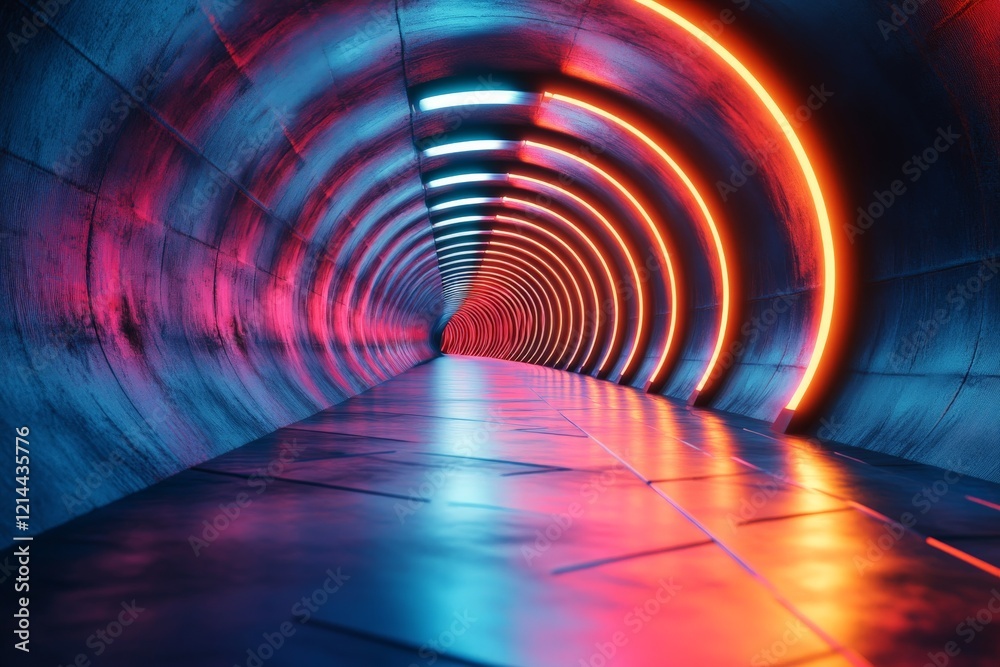 Poster vibrant neon-lit tunnel creating a surreal atmosphere with reflections on a polished floor during ni