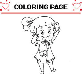 cute girl is doing pose taking selfie coloring page for kids