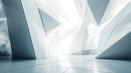Abstract Geometric Interior: A modern architectural design featuring angular, faceted walls and a bright, open space.  The interplay of light and shadow creates a sense of depth and mystery.