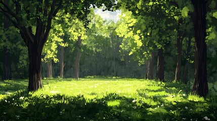 Sunlit Forest Glade  Green Trees  Summer Meadow