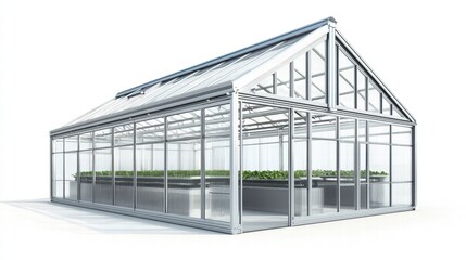 Obraz premium Glass Greenhouse: A gleaming glass greenhouse, a haven of life and growth, stands proudly against a clear sky.