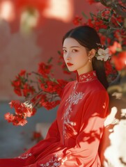 Chinese new year celebration featuring woman in red qipao cultural setting portrait photography elegant environment