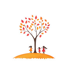 Three children play under a vibrant autumn tree, enjoying nature's beautiful colors., isolated on a transparent background.