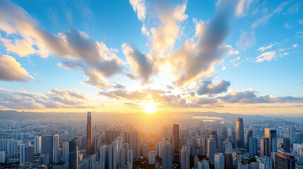 vibrant sunrise over city skyline with skyscrapers and clouds
