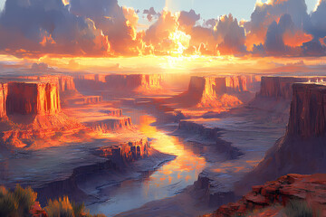 Amethyst-colored cliffs glowing under a warm topaz sunset. The rich colors blend nature's strength with a magical atmosphere