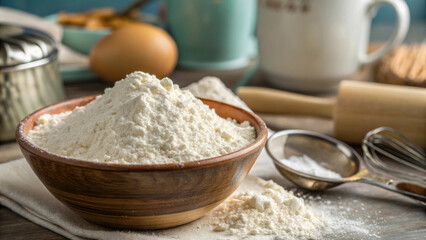 Fototapeta premium Fresh flour in wooden bowl, surrounded by baking tools and ingredients, evokes cozy kitchen atmosphere
