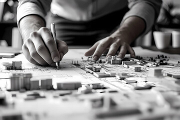 Fototapeta premium An architect working on blueprints in a modern office. A blend of precision and creativity