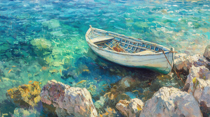 A rustic fishing boat resting near a rocky shoreline in pristine clear waters, golden sunrays filtering through the surface, schools of fish visible in the depth