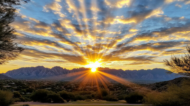 Vibrant sunrise over mountain range with dramatic clouds and rays