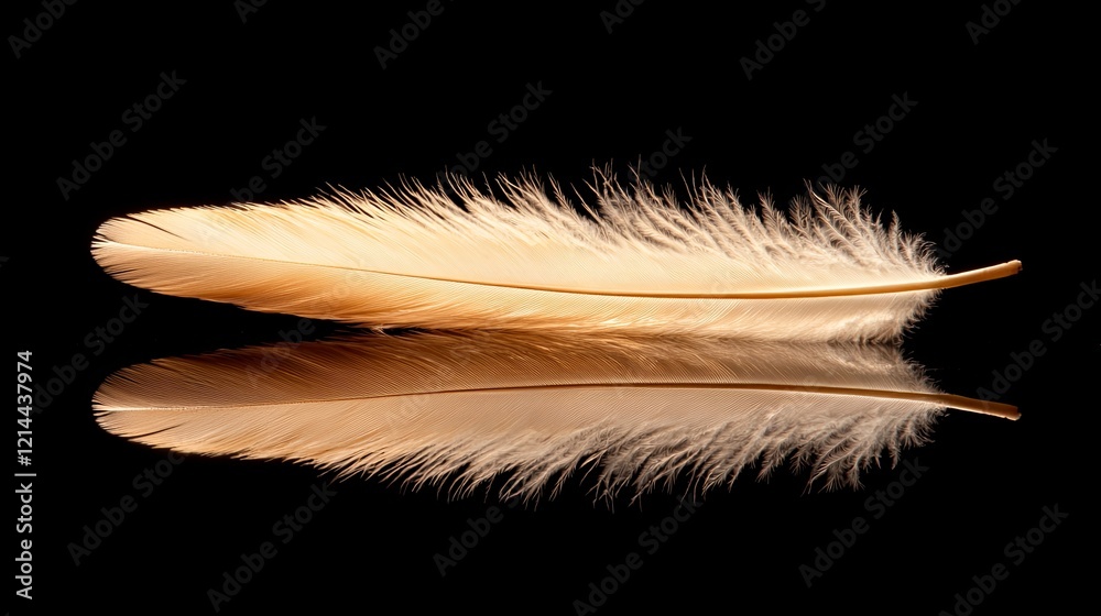 Poster soft feather resting on a reflective surface with black background creating a serene and delicate at