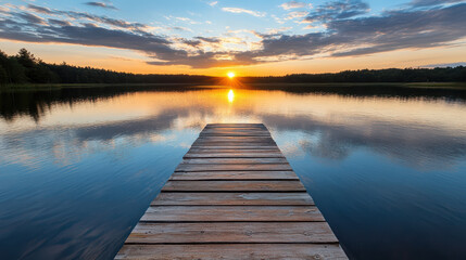 Fototapeta premium serene sunrise over calm lake with wooden dock reflecting light