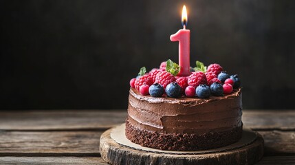 Chocolate cake adorned with ripe berries, featuring glowing birthday candle marking milestone celebration of first year