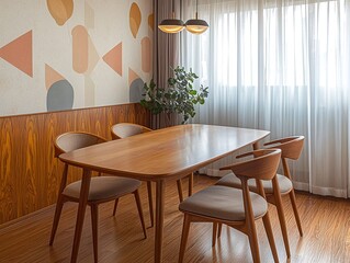 Fototapeta premium Minimalist interior design in a residential dining room with patterned wallpaper-finished walls and wooden tables with chairs. Generative AI 