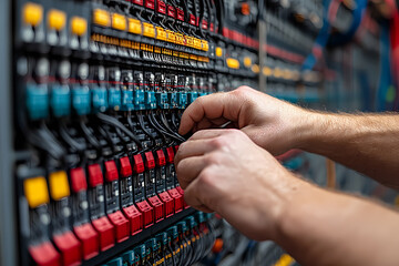 An electrician working on wiring in a modern office. A profession combining technical knowledge and hands-on approach