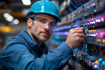 An electrician working on wiring in a modern office. A profession combining technical knowledge and hands-on approach
