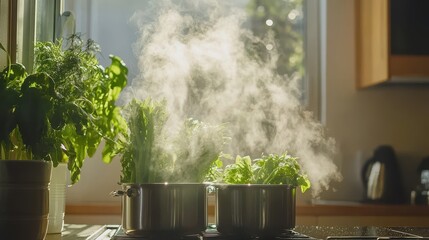 Fresh Herbs and Vegetables Steam in Bright Kitchen