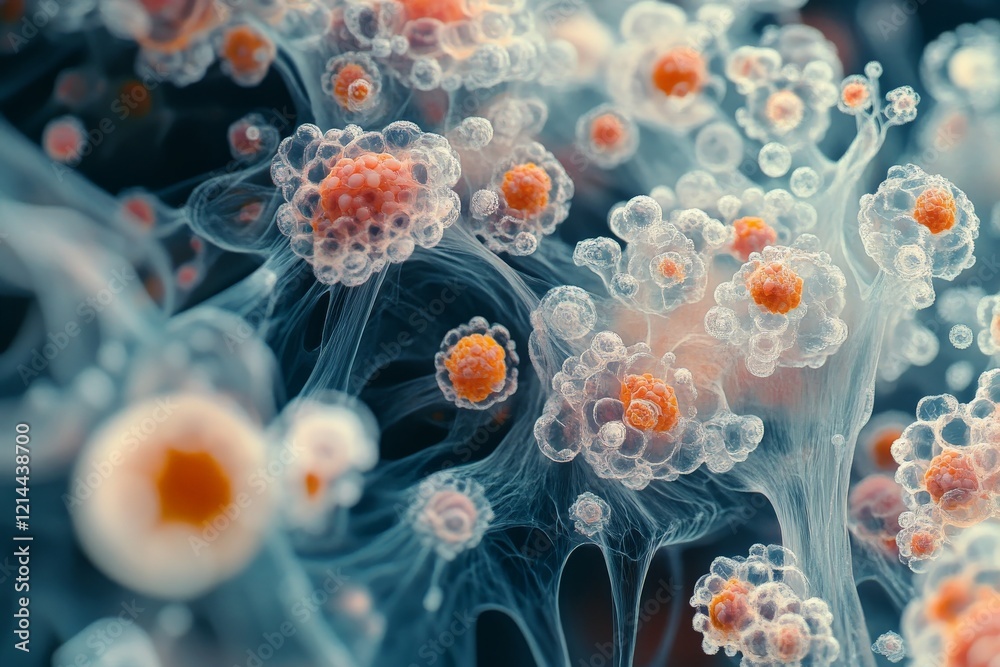Poster details of microscopic cells interacting in a vibrant and colorful environment captured through high