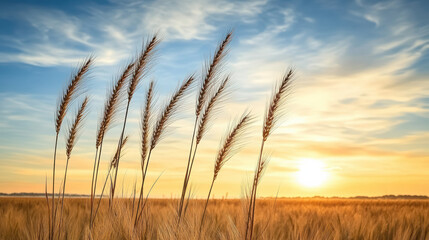 Fototapeta premium vibrant sunset over field of wheat swaying in breeze