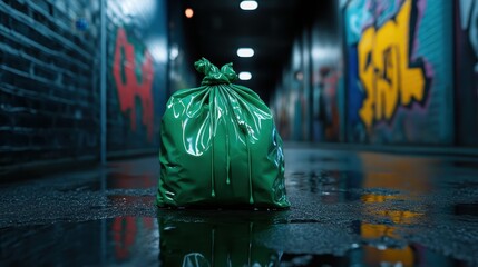 A bright green garbage bag reflects on a wet street surface, emphasizing the intersection of cleanliness and urban neglect under ambient light.