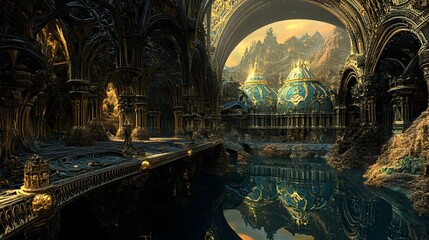 Obraz premium Gothic Fantasy Architecture Golden Cityscape Dark Water Reflection
