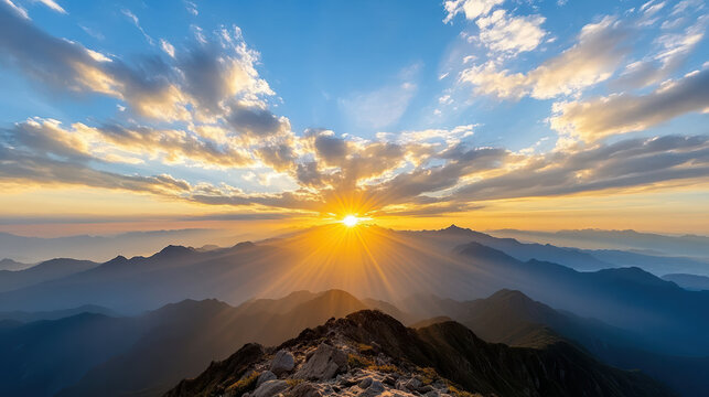 vibrant sunset over mountain range with dramatic clouds and light rays