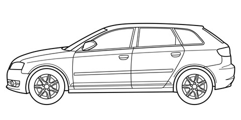 Outline drawing of a hatchback car from side view. Classic style. Vector outline doodle illustration. Design for print or color book 