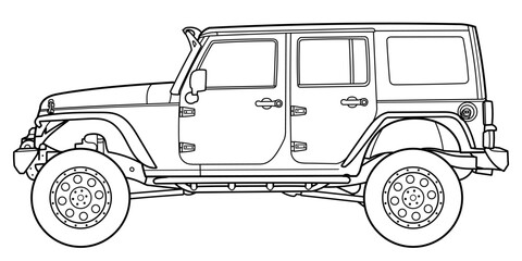Classic luxury suv car. Crossover car front view shot. Outline doodle vector illustration. Design for print, coloring book. © Anton Baranovskyi