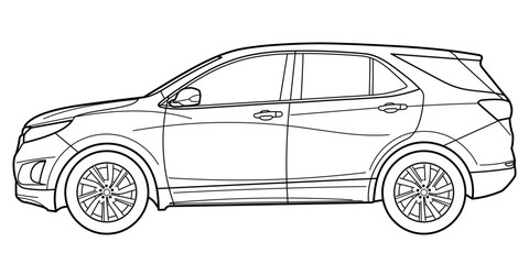 Classic luxury suv car. Crossover car front view shot. Outline doodle vector illustration. Design for print, coloring book.